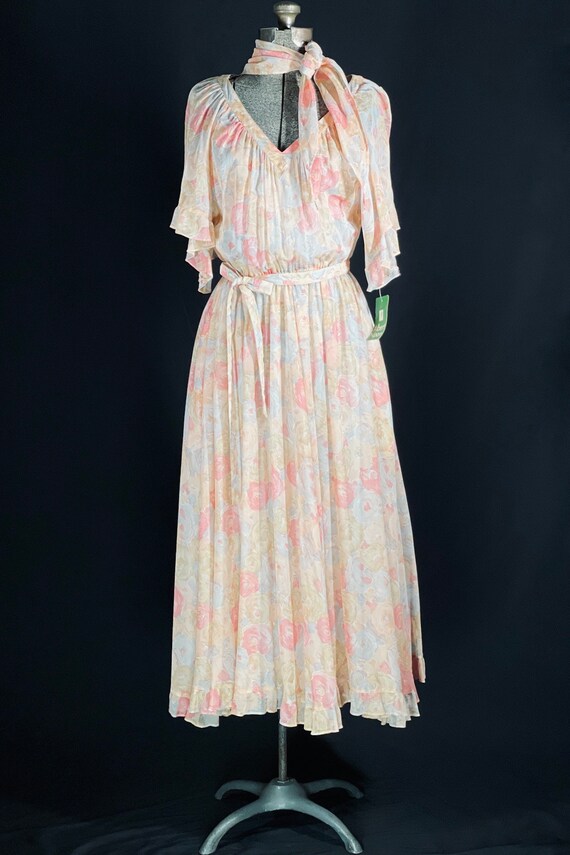 70s Albert Nipon peach floral sheer midi dress - image 2
