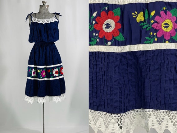 70s Mexican dress in navy - image 1