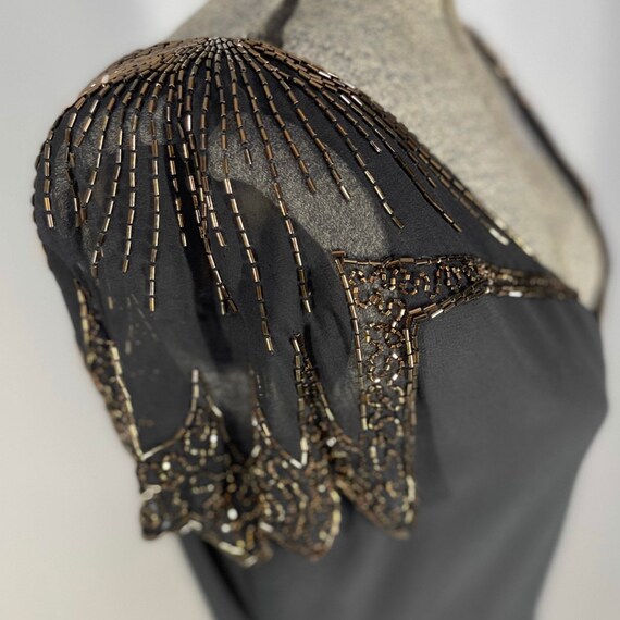 80s Eletra black chiffon dress with bronze beads - image 5