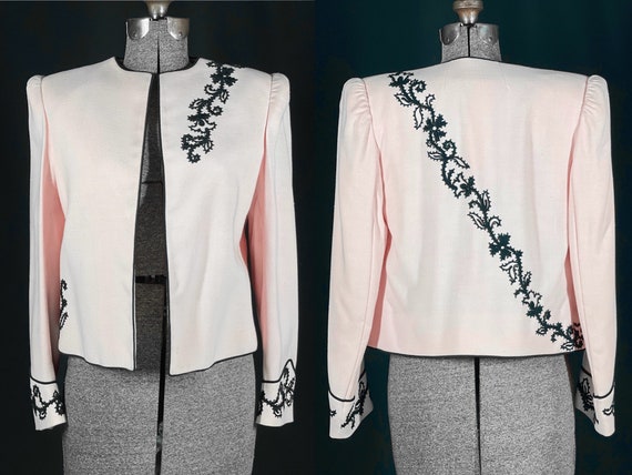 80s light pink and black embroidered blazer - image 1