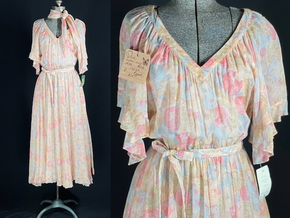 70s Albert Nipon peach floral sheer midi dress - image 1