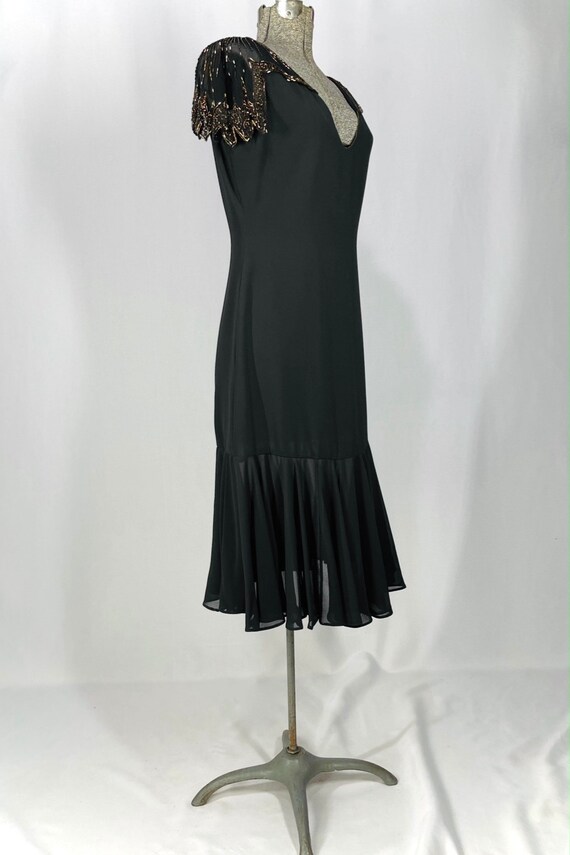 80s Eletra black chiffon dress with bronze beads - image 3