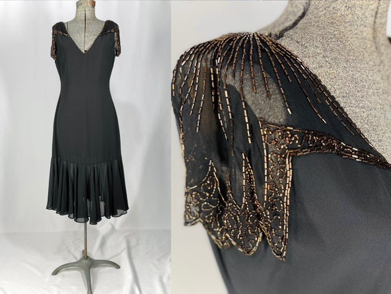 80s Eletra black chiffon dress with bronze beads - image 1