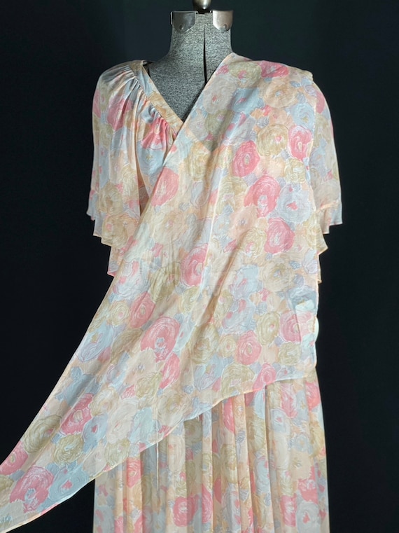 70s Albert Nipon peach floral sheer midi dress - image 5