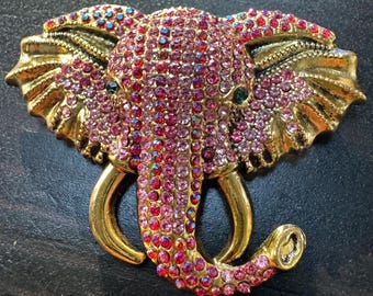 Vintage Elephant Pink Head Gold Tusk Crystal Rhinestone Brooch Pin B7 FREE SHIPPING