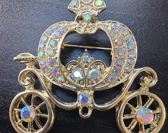 Vintage Iridescent Carriage Fairy Pumpkin Ride Crystals Rhinestone Brooch Pin B89 FREE SHIPPING