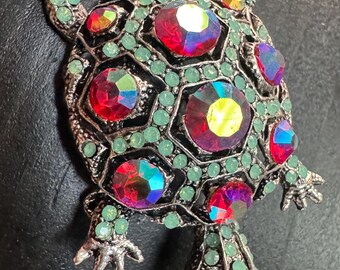 Vintage Artsy Aqua Turtle Sparkle Shells Crystal Rhinestone Brooch Pin B21 FREE SHIPPING