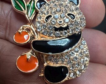 Vintage Cute Panda Enamel Orange Fruit Crystal Rhinestone Brooch Pin B11 FREE SHIPPING