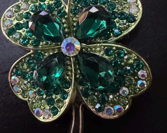 Vintage Green Clover Lucky Leaf Flower Crystal Rhinestone Brooch Pin B27 FREE SHIPPING