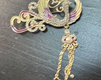 Vintage Cream Purple Phoenix Bird Gold Tone Dangle Brooch Pin B38 FREE SHIPPING