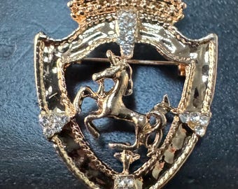 Vintage Heraldic Crown Horse Noble Gold Tone Crystal Brooch Pin B103 FREE SHIPPING