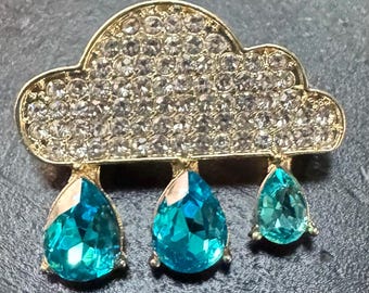 Vintage Miniature Cloud Dripping Blue Raindrop Crystals Rhinestone Brooch Pin B100 FREE SHIPPING