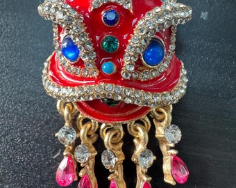 Vintage Dancing Awakening Lion Red Enamel Rhinestone Brooch Pin B3 FREE SHIPPING