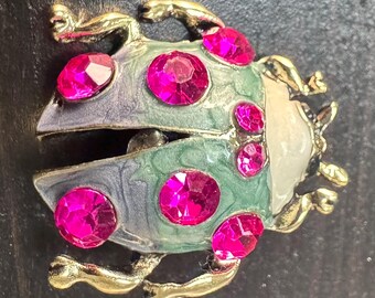Vintage Ladybug Mint Hue Pink Enamel Rhinestone Brooch Pin B62 FREE SHIPPING