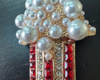 Vintage Popcorn Red White Stripes Pearl Crystals Rhinestone Brooch Pin B91 FREE SHIPPING