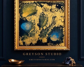 THE BLUE BETWEEN — Original Abstract Painting, Framed 12×12 Alcohol Ink & Metallic Gold Art, Signed One-of-a-Kind Artwork