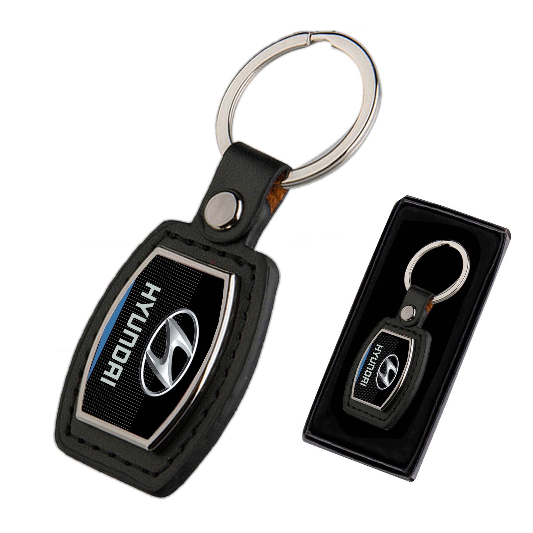 Hyundai Key Ring Keychain, CARBON Leather Round Rotating Metal Silver, Auto Car Logo