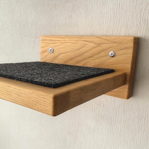 Könnte beinhalten: Ein hölzernes Katzenregal mit einem rechteckigen, dunkelgrauen Filzpad. Das Regal ist aus hellfarbenem Holz gefertigt und an einer Wand befestigt. Das Regal ist für Katzen zum Verweilen konzipiert.