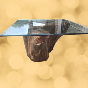 Live Edge Burl Wood Coffee Table with Square Glass Top Vintage Live Edge table, burl table, artisan table, custom-made table