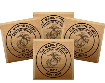 USMC Coasters Set of 4 – Marine Corps Gift – Veteran Gift – Military Coasters – Engraved Wooden Coasters – Semper Fi Gift - Made in the USA
