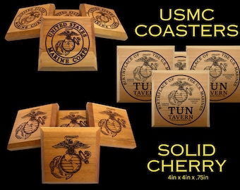 United States Marine Corps Laser Engraved Cherry Coasters USMC Logo Eagle Globe and Anchor EGA - Tun Tavern Semper Fi Made in the USA Gift