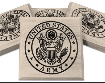 US Army Coasters Set of 4 – Army Gift – Veteran Gift – Military Coasters – Engraved Wooden Coasters – Gift for Soldier – Made in USA
