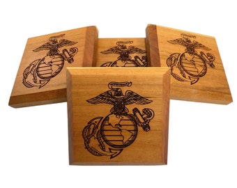 United States Marine Corps USMC Laser Engraved Eagle Globe and Anchor EGA Solid Cherry Coasters - Semper Fidelis - Made in USA - Great Gift