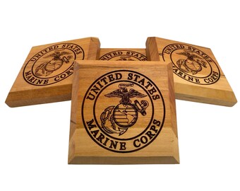 USMC Coasters Set of 4 – Marine Corps Gift – Veteran Gift – Military Coasters – Engraved Wooden Coasters – Semper Fi Gift - Made in the USA