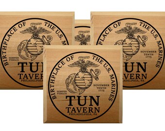 Tun Tavern Laser Engraved USMC - Eagle Globe and Anchor EGA Cherry Hardwood 4" x 4" Coasters - Semper Fidelis - Made in the USA Perfect Gift