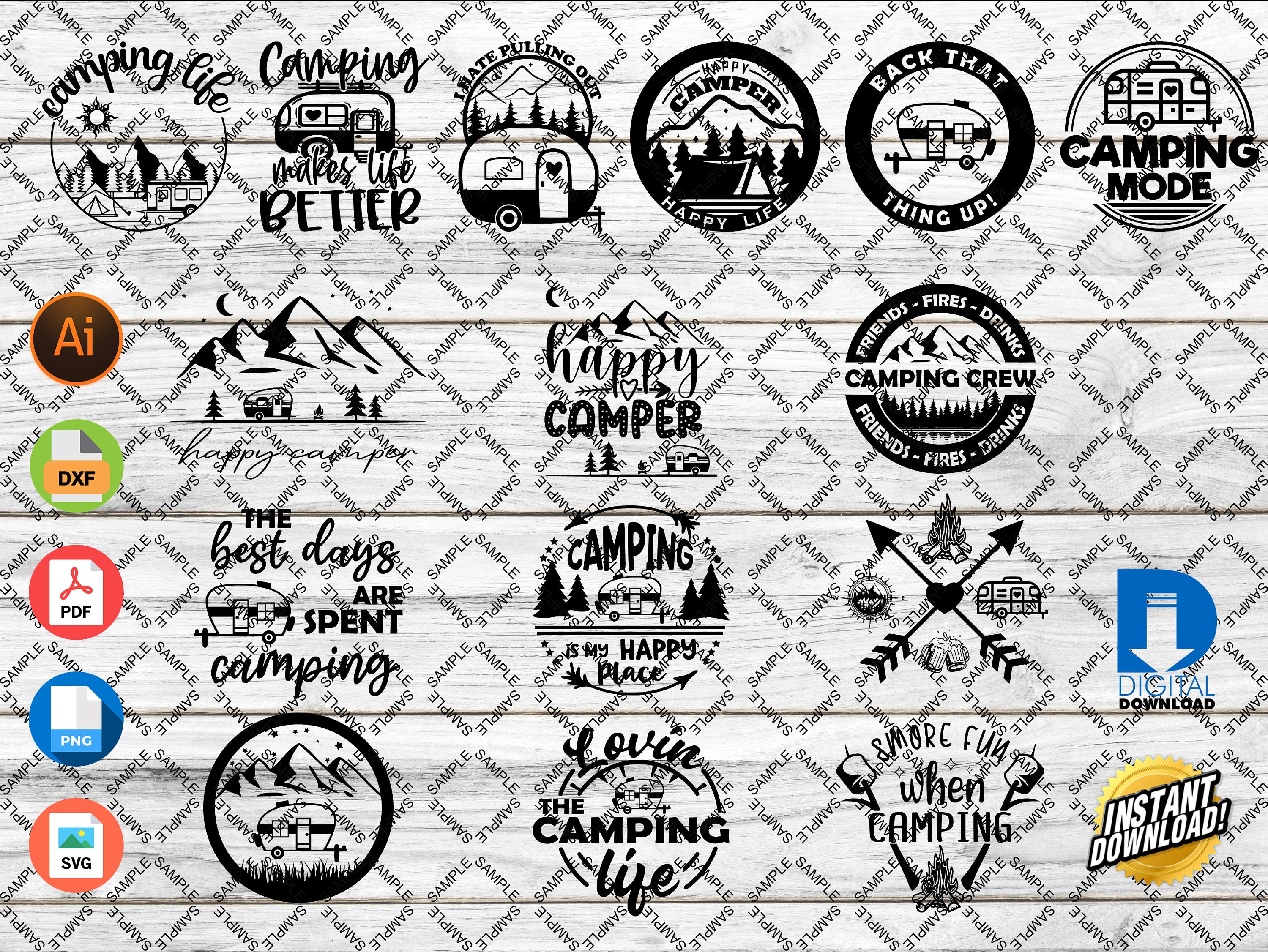 Love Camping - Happy Camper - Camp Life package SVG imprimer et couper des fichiers pour les machines CNC, Cricut, Silhouette ou Glowforge, Laser.