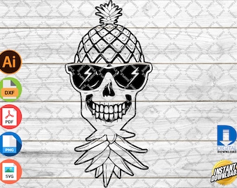Upside Down Swinger Pineapple Skeleton Skull with Sunglasses digital print and cut files for CNC, Cricut, Silhouette, Glowforge, Laser