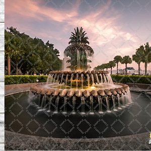 May include: A large, ornate fountain in the shape of a pineapple, with cascading water flowing down its tiers. The fountain is surrounded by lush greenery and palm trees, creating a tropical oasis.