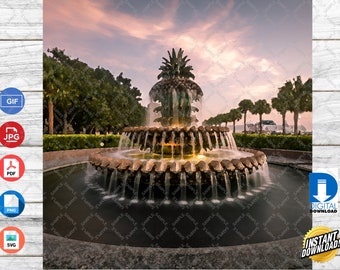 Charleston SC Pineapple Fountain Watercolor Print (Digital Download)
