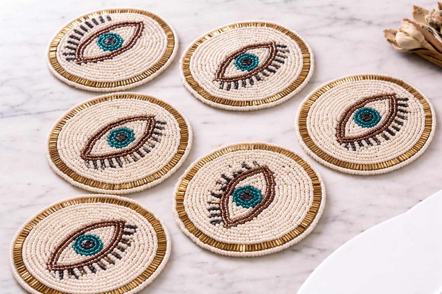 Handmade Beaded Evil Eye Coasters (4 Inch) – Boho White, Turquoise ...