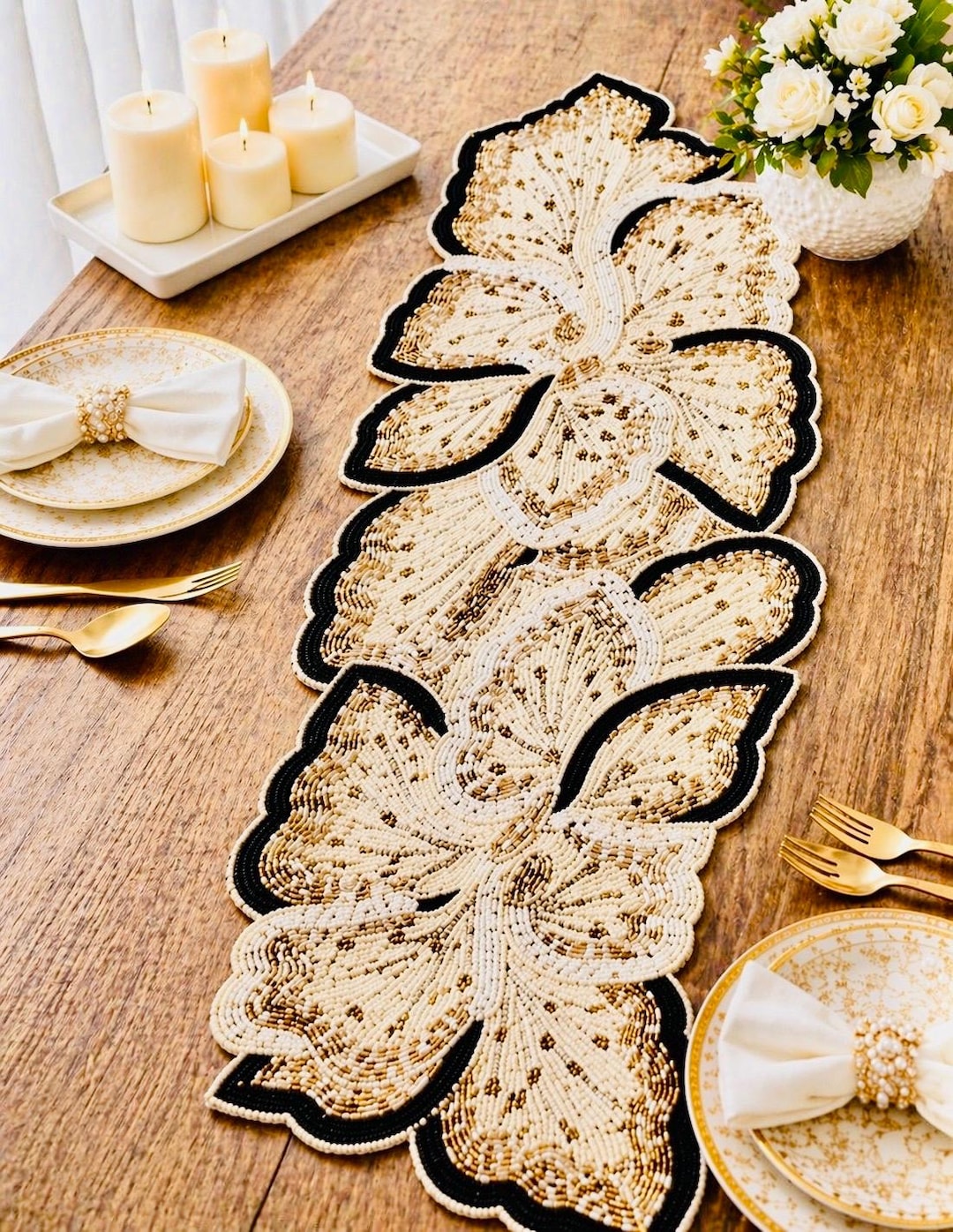 Handmade Beaded Floral Table Runner, 13X36 Gold, Ivory, Black Luxury ...