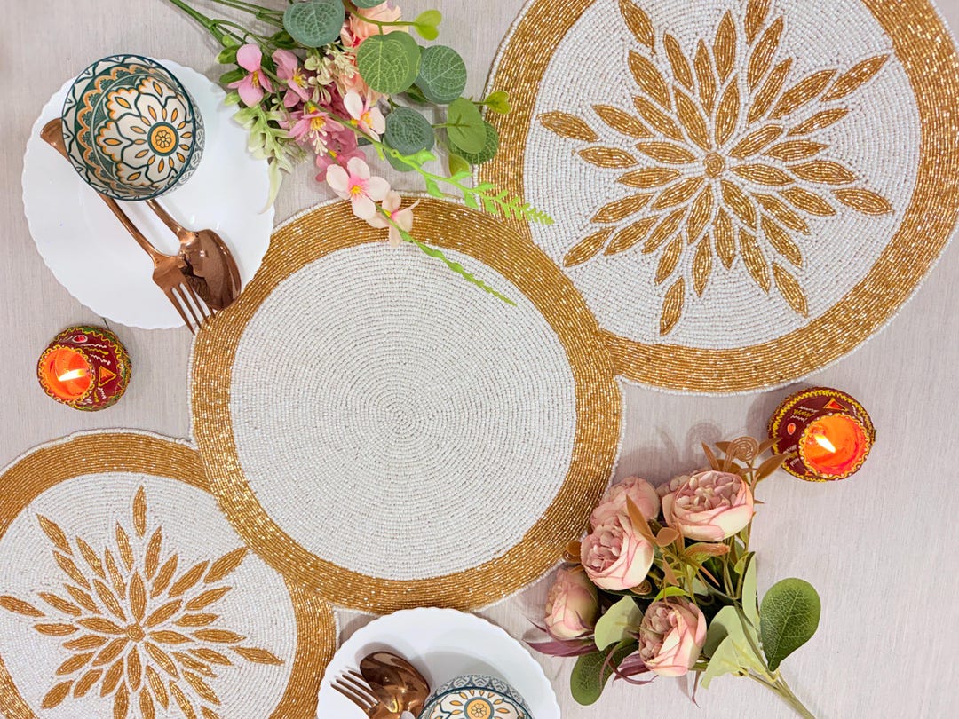 Handmade Beaded White Golden Table Runner, 13X36'' Luxury Floral ...