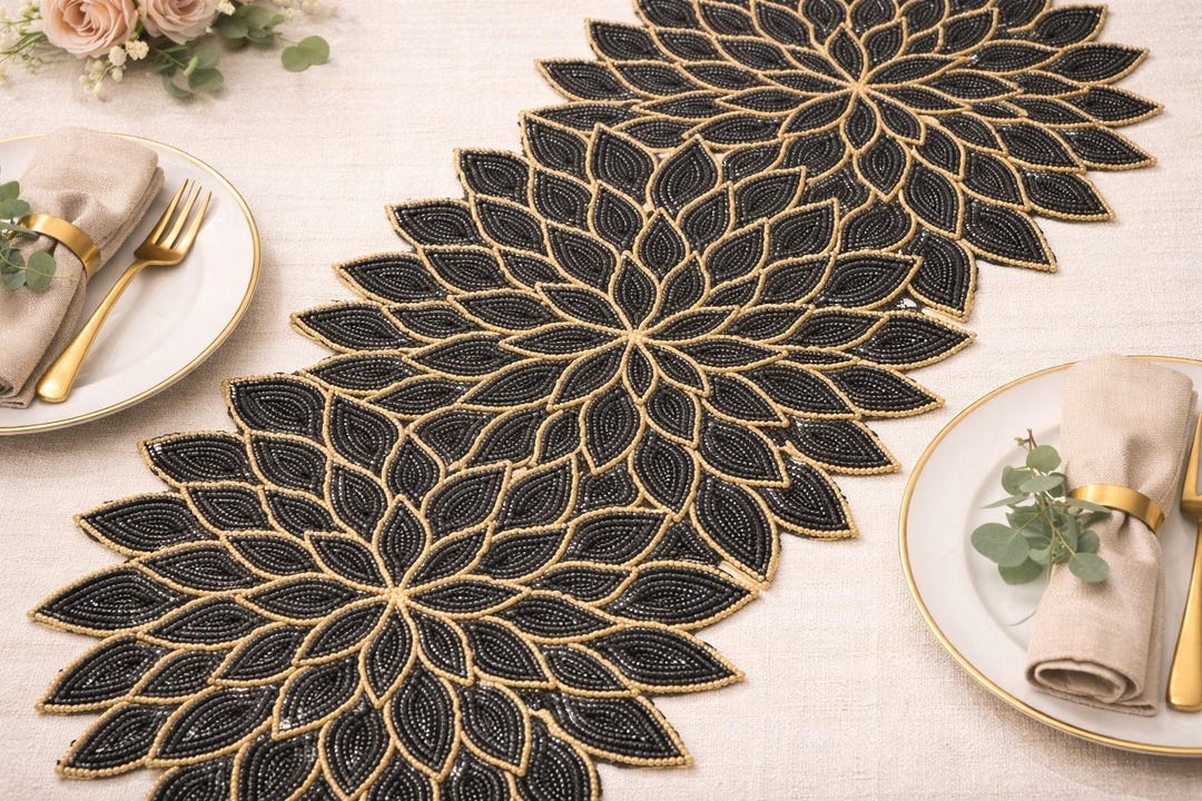 Floral Beaded Table Runner, Black Gold Embroidery, Luxury Dining Decor ...
