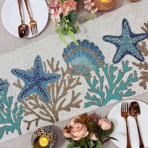 Christmas Starfish Sea Grass Handmade Beaded Table Runner | Coastal Holiday Table Decor