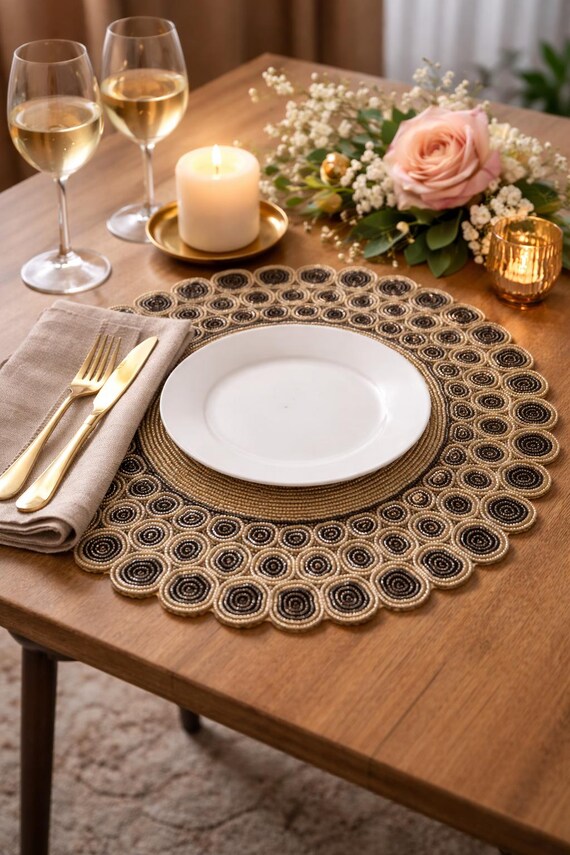 Handgemachtes Gold Braun Perlen Tischset, Runde Platzteller, Elegantes Esszimmer Dekor