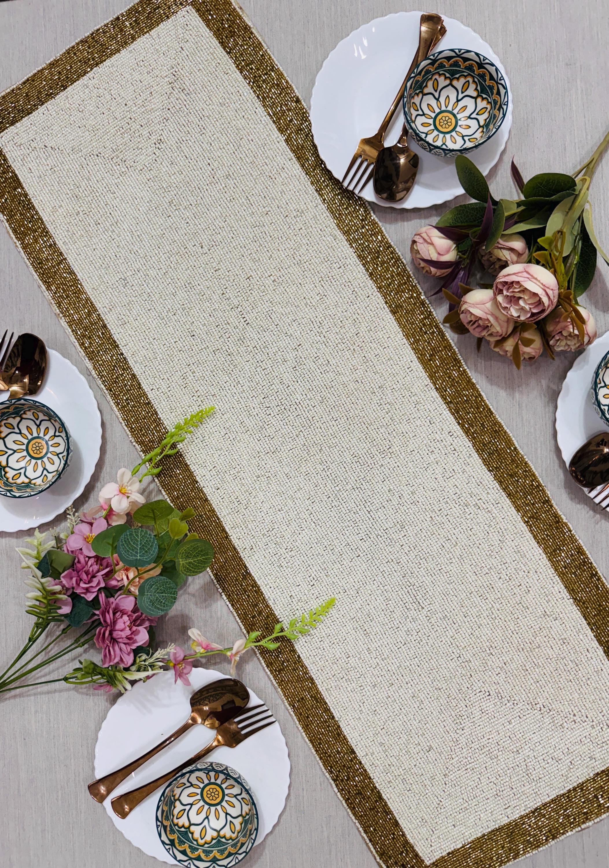 Beaded Table Runner 13x36 Inch, Ivory Gold Handmade Dining Decor ...