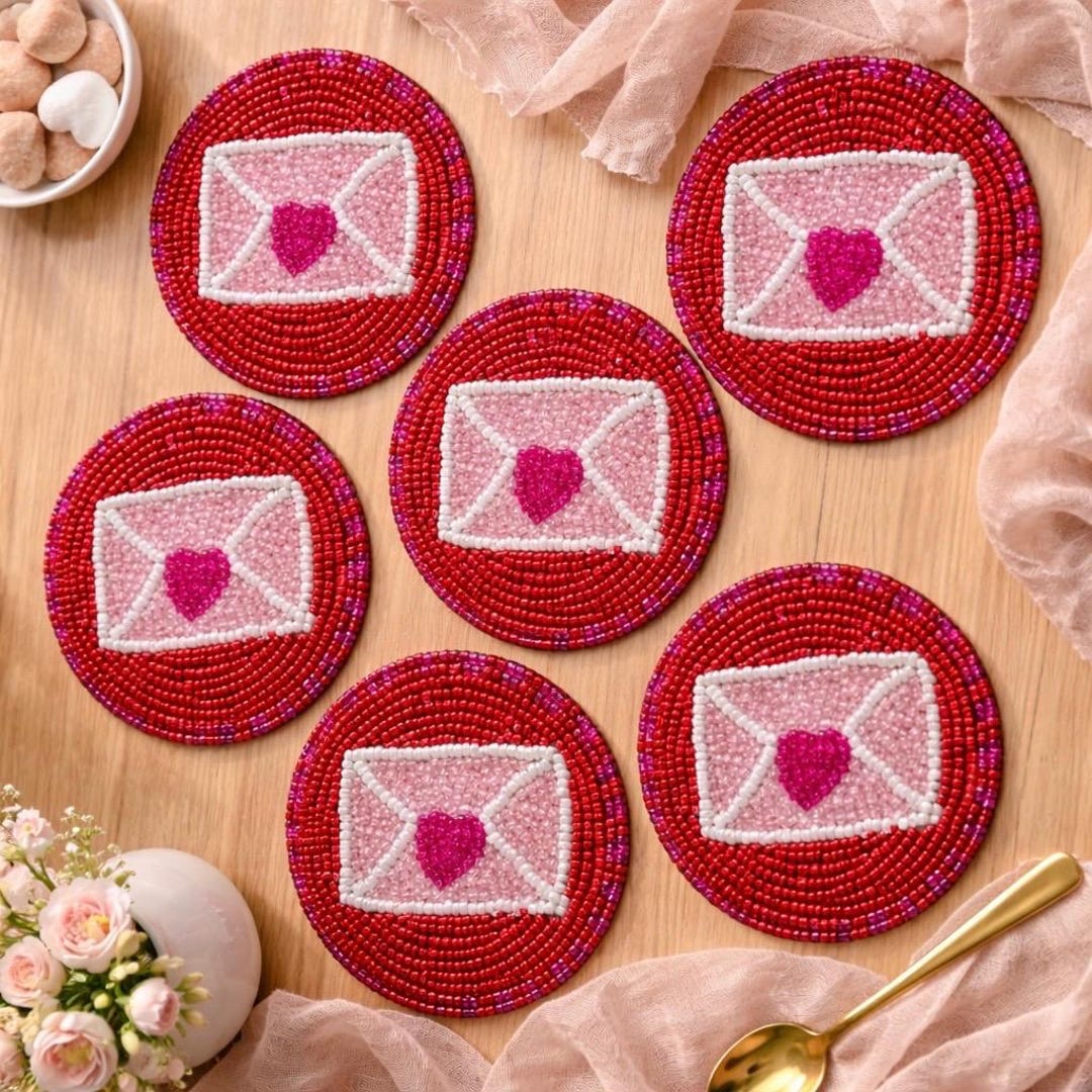 Pink Coaster Set Handmade Beaded Pink Heart Coasters - Set of 6 Festive, Valentine Gift ...