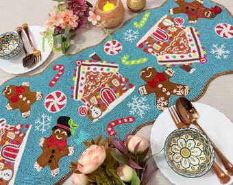 Camino de mesa navideño con cuentas hecho a mano: Cabaña de invierno de Papá Noel, azul, decoración navideña
