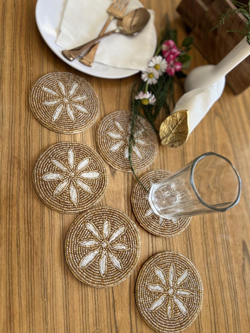 Lot De 6 Sous-verres Ronds En Bois D'olivier Avec Support Cœur – Set Vintage