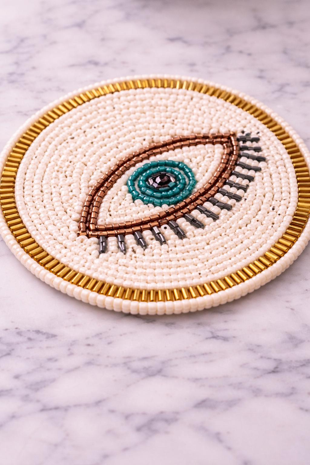 Handmade Beaded Evil Eye Coasters (4 Inch) – Boho White, Turquoise ...