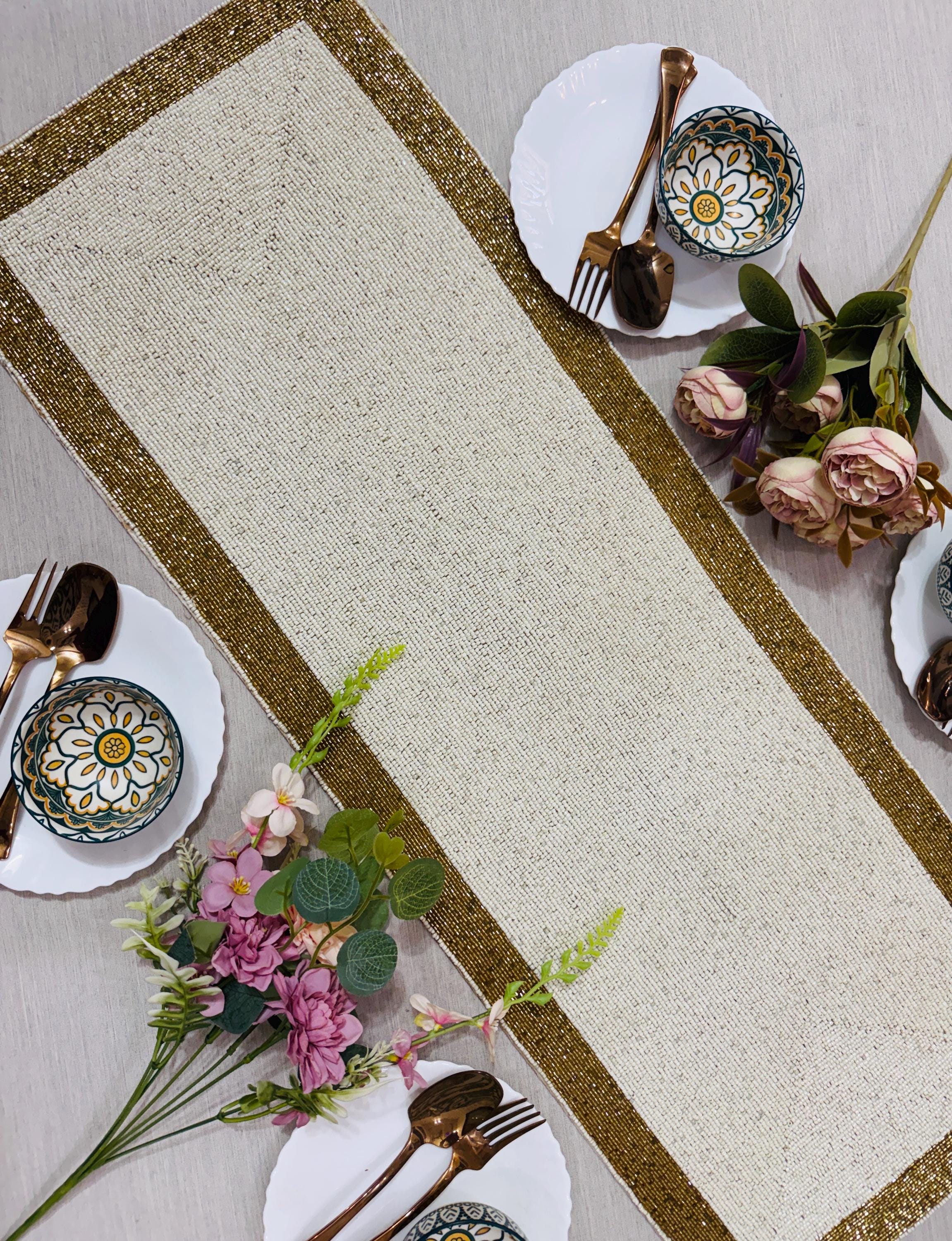 Beaded Table Runner 13x36 Inch, Ivory Gold Handmade Dining Decor ...