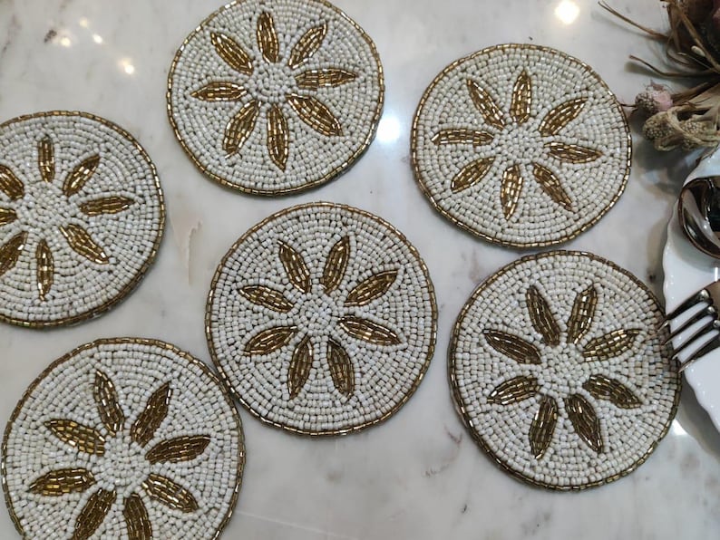Set of 6 4-Inch Handcrafted Beaded Coasters - Spill-Proof Decor for Cups & Tables