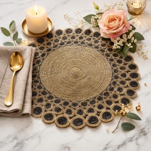 Handmade Gold Brown Beaded Placemat, Round Charger Plate, Elegant Dining Decor