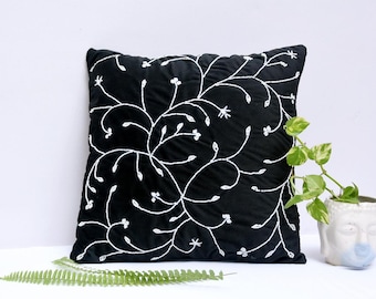 Black Velvet Cushion Cover, Embroidered Beaded Throw Pillow (16x16 Inch)