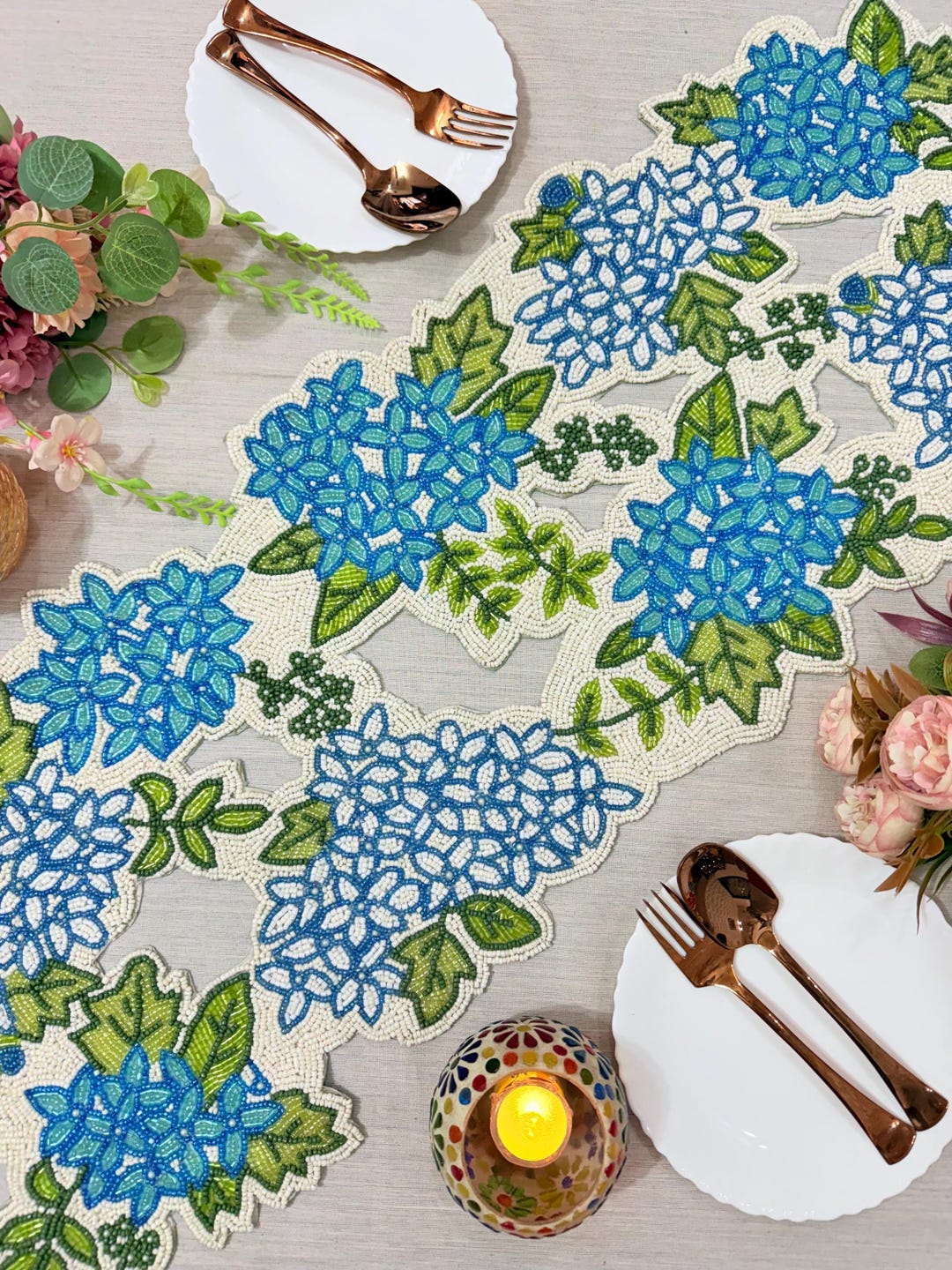 13x36 Blue Floral Beaded Table Runner | Handmade Hydrangea Wedding ...