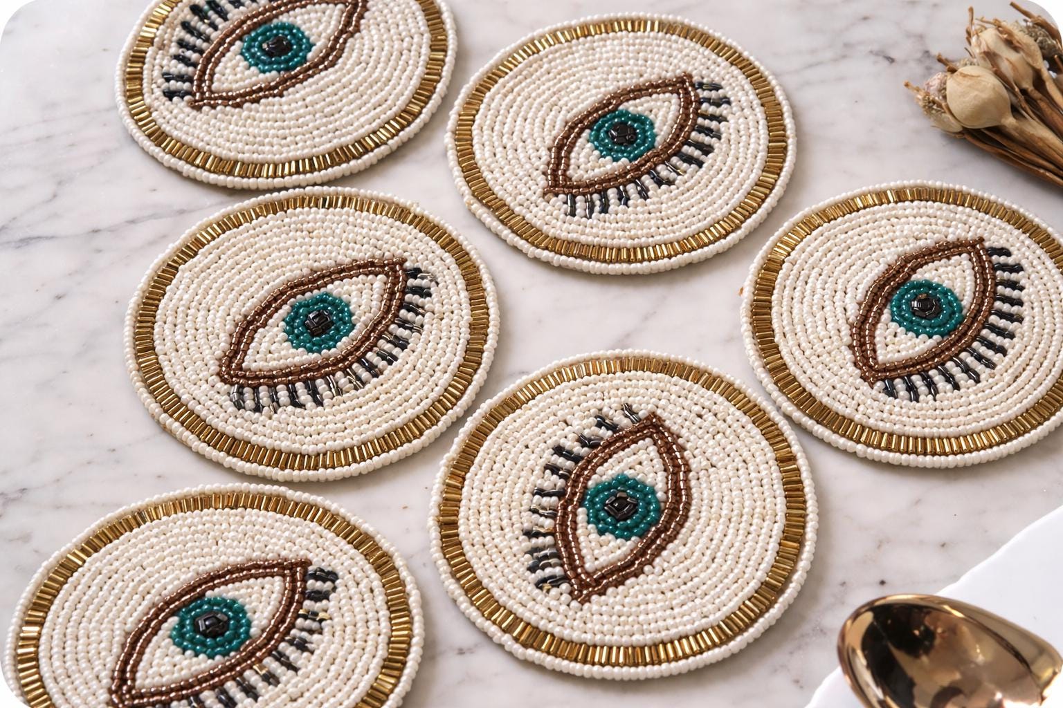 Handmade Beaded Evil Eye Coasters (4 Inch) – Boho White, Turquoise ...
